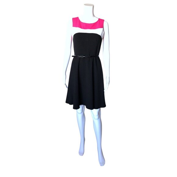 CALVIN KLEIN Womens Petite Size 4P Sleeveless Color Block Belted Career Dress - Picture 1 of 10